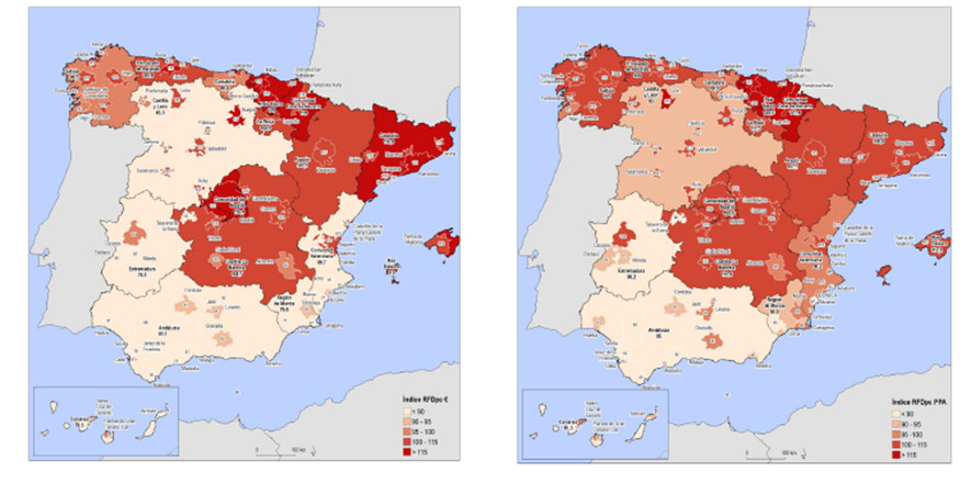 Mapa distribució renta familiar disponible per càpita CCAA 2017